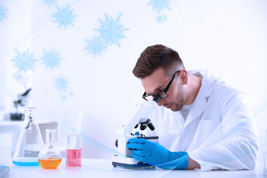 Image of Scientist using modern microscope at table in laboratory. Researching of virus