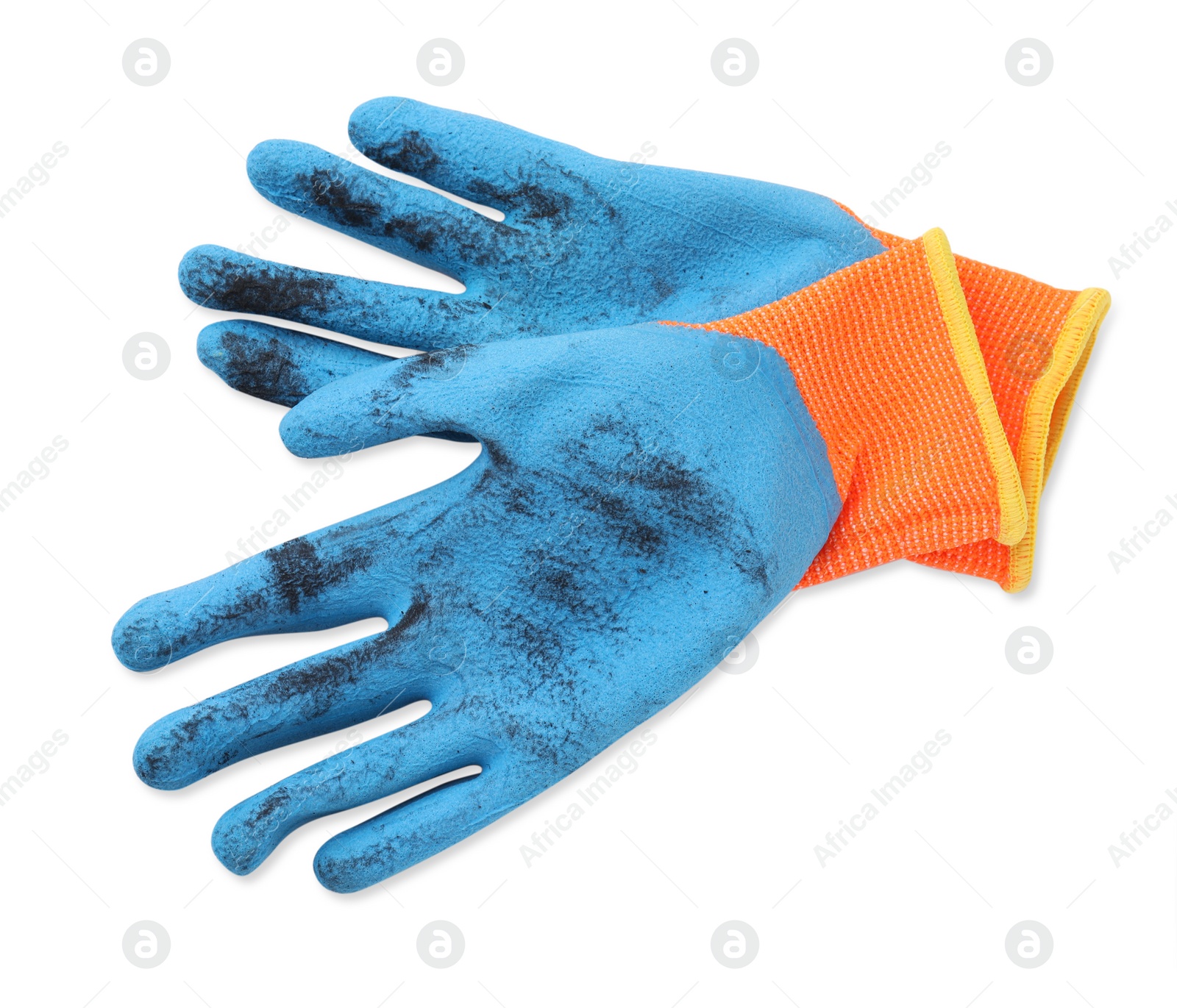 Photo of Pair of color gardening gloves isolated on white, top view