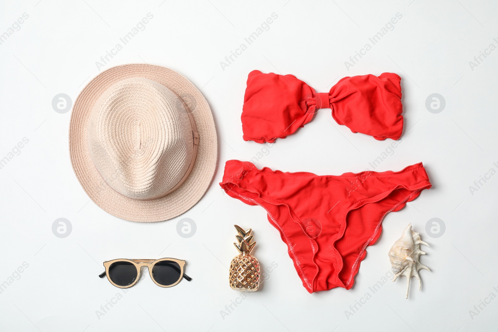 Photo of Composition with beach objects on white background