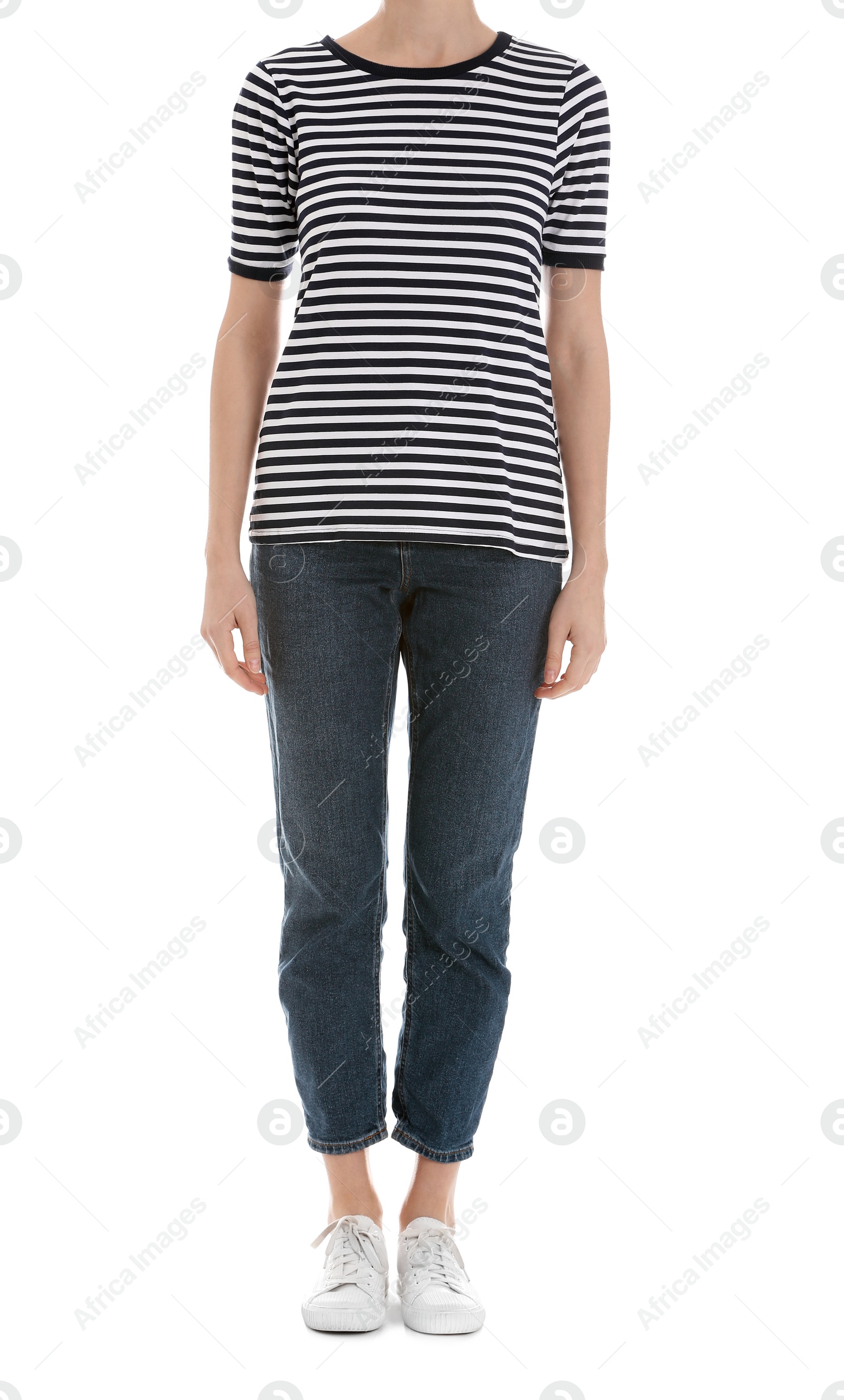 Photo of Young slim woman on white background, closeup. Weight loss