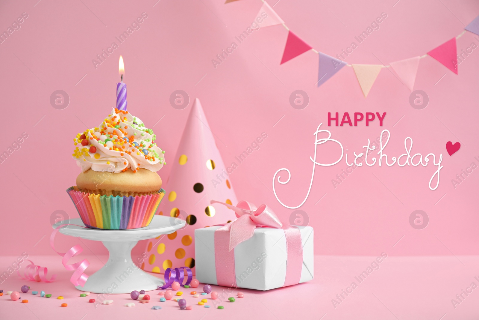 Image of Happy Birthday! Composition with delicious cupcake on pink background