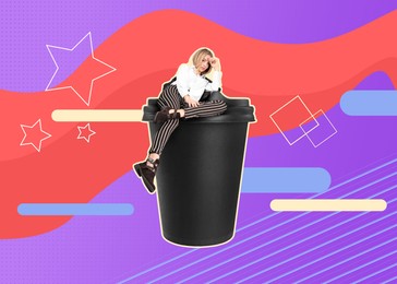 Coffee to go. Woman sitting on takeaway paper cup on color background, stylish artwork