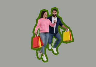 Image of Happy couple with shopping bags looking at smartphone and jumping on grey background