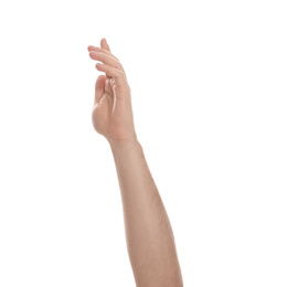 Man extending hand on white background, closeup