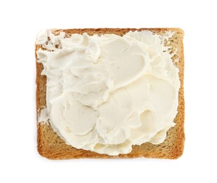 Toasted bread with cream cheese isolated on white, top view