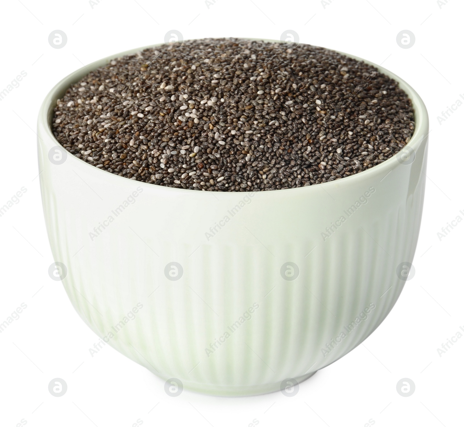Photo of Ceramic bowl with chia seeds isolated on white