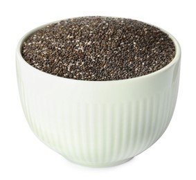 Photo of Ceramic bowl with chia seeds isolated on white