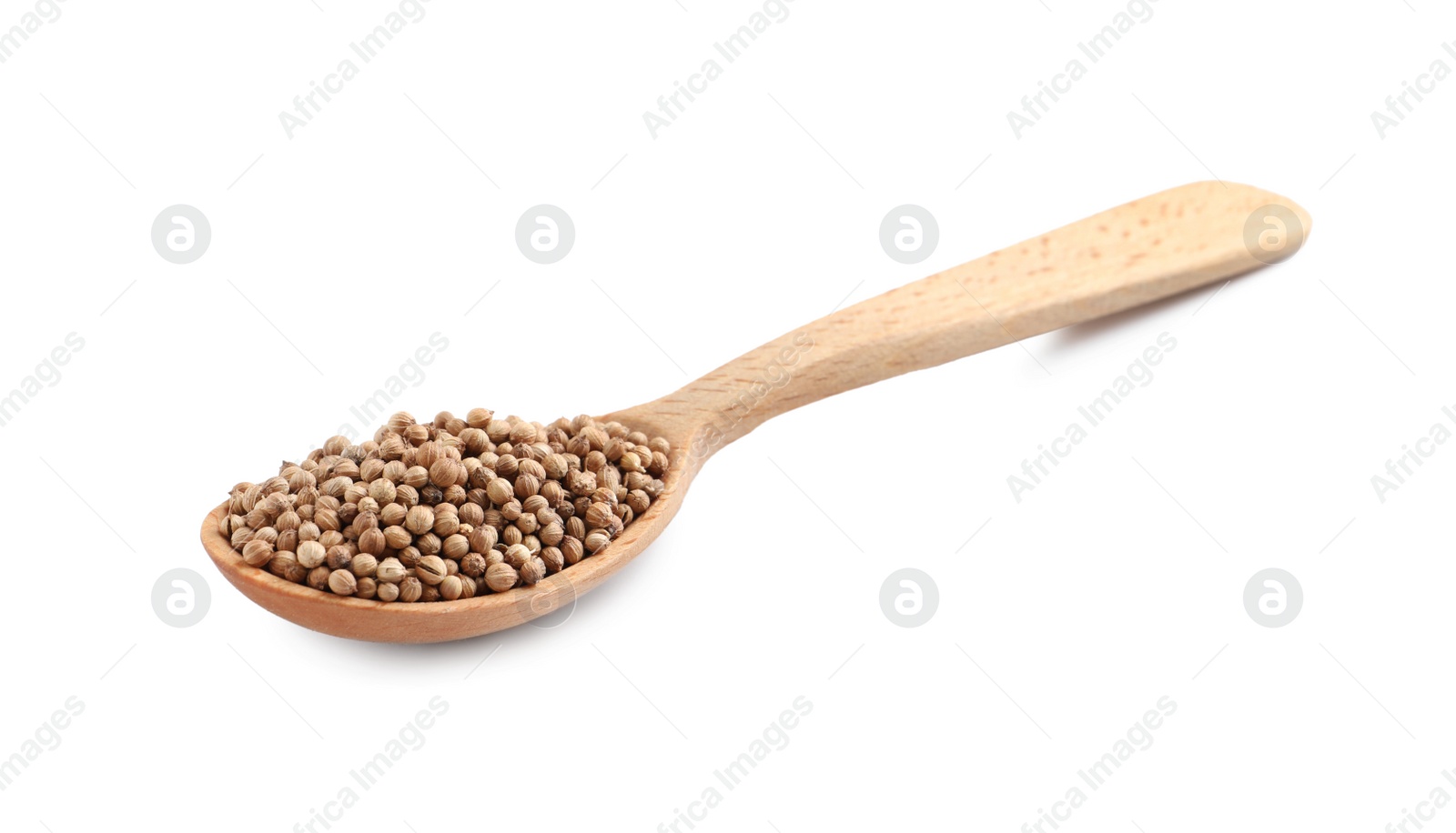 Photo of Dried coriander seeds with wooden spoon isolated on white