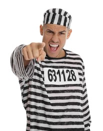 Photo of Emotional prisoner in striped uniform pointing at camera on white background