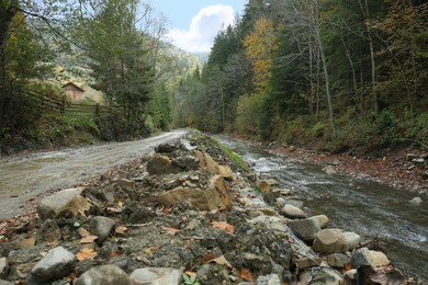 Beautiful view of pathway and river near forest in autumn