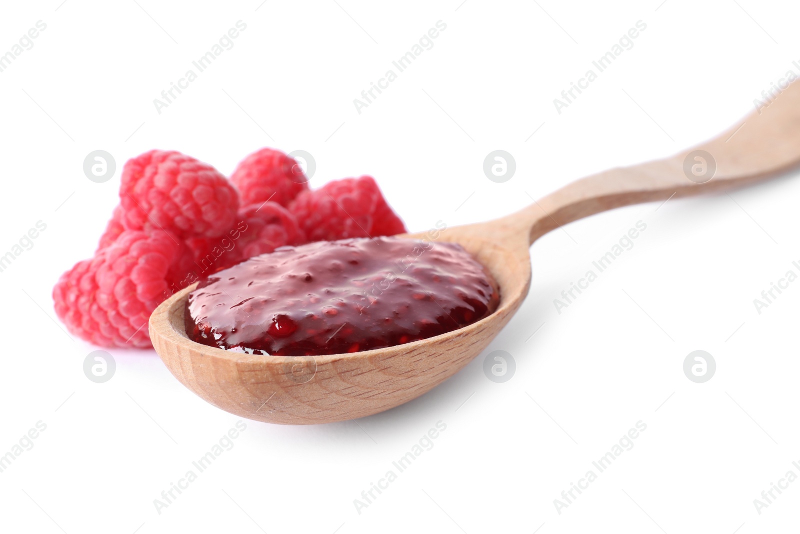 Photo of Delicious jam and fresh raspberries in wooden spoon on white background