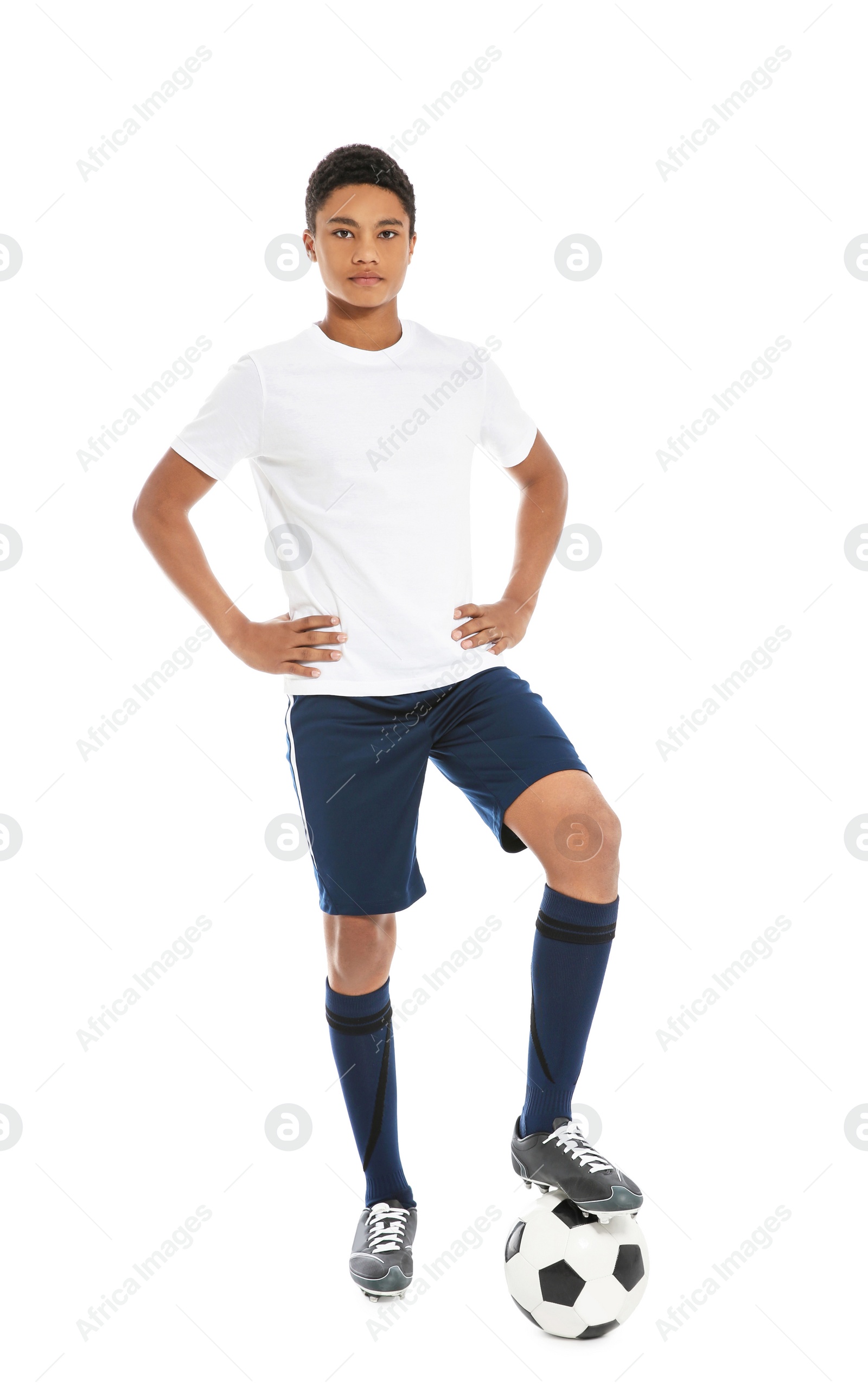 Photo of Teenage African-American football player on white background