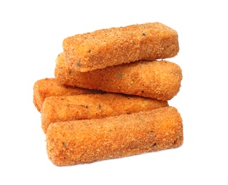 Photo of Pile of tasty cheese sticks isolated on white