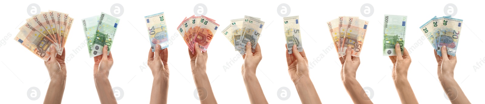 Image of Collage with women holding euro banknotes on white background, closeup