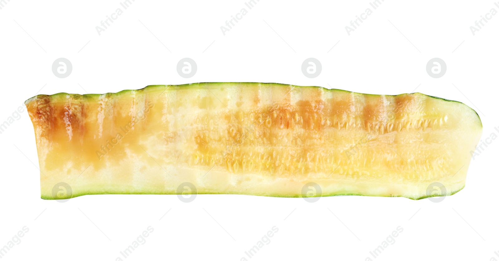 Photo of Delicious piece of grilled zucchini on white background, top view