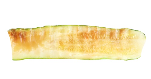 Photo of Delicious piece of grilled zucchini on white background, top view