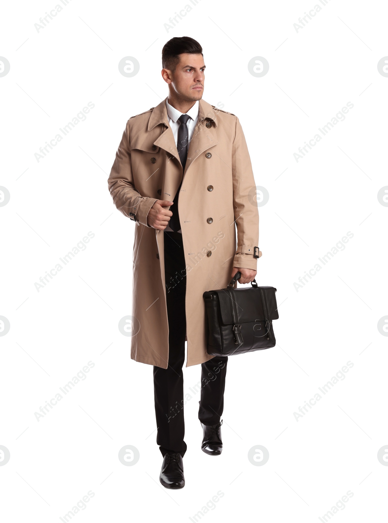 Photo of Businessman in trench coat with stylish leather briefcase on white background