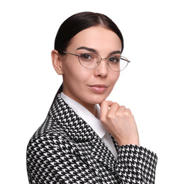 Photo of Portrait of young businesswoman on white background