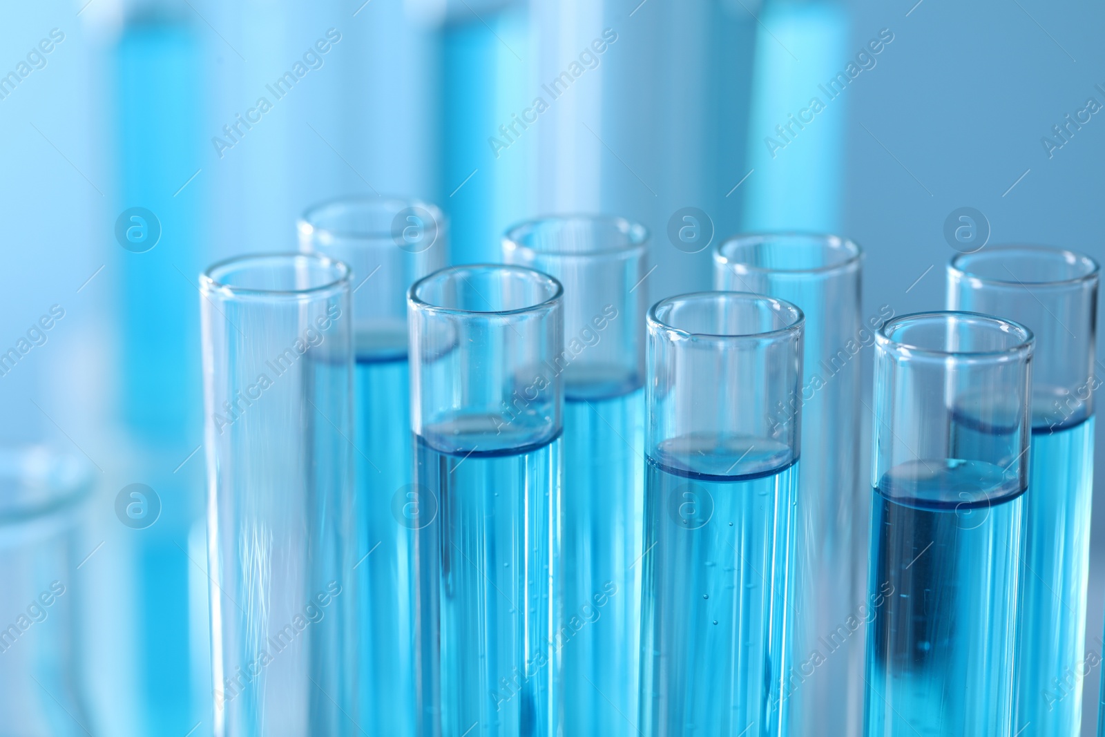 Photo of Test tubes with light blue liquid in laboratory, closeup