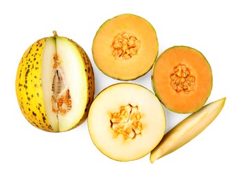 Photo of Tasty colorful ripe melons on white background, top view