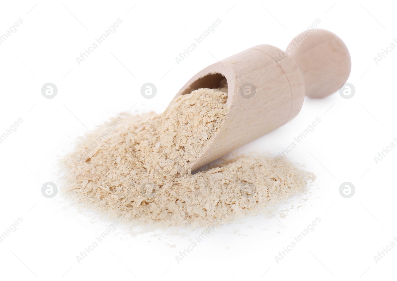 Photo of Brewer's yeast flakes and scoop isolated on white