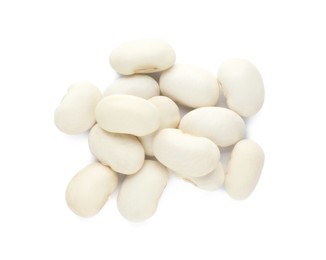 Pile of uncooked navy beans on white background, top view