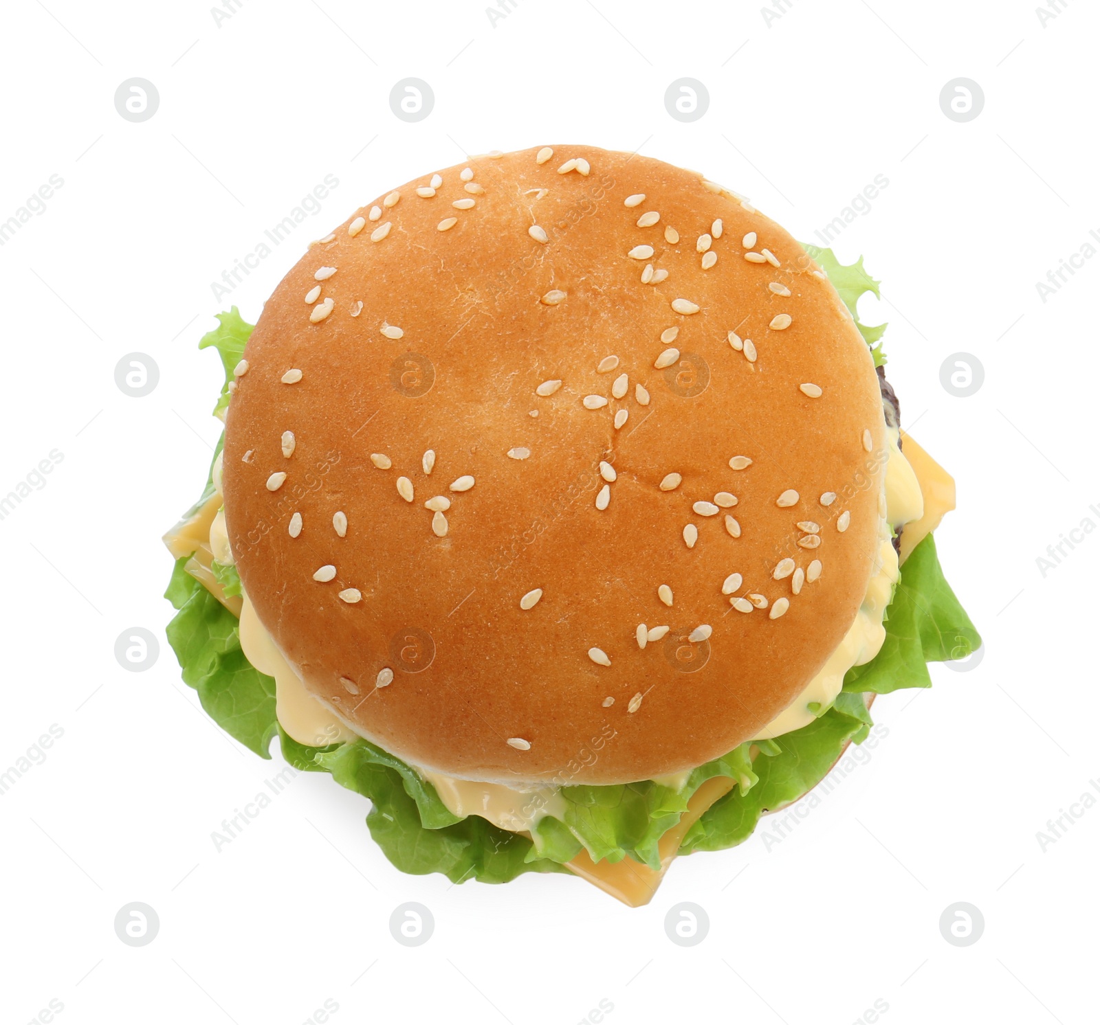 Photo of Delicious cheeseburger isolated on white, above view