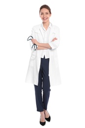 Photo of Full length portrait of medical doctor with stethoscope isolated on white