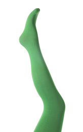 Photo of Leg mannequin in green tights on white background