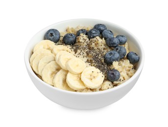 Tasty oatmeal with banana, blueberries and chia seeds in bowl isolated on white