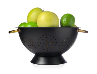 Colander with fresh fruits isolated on white