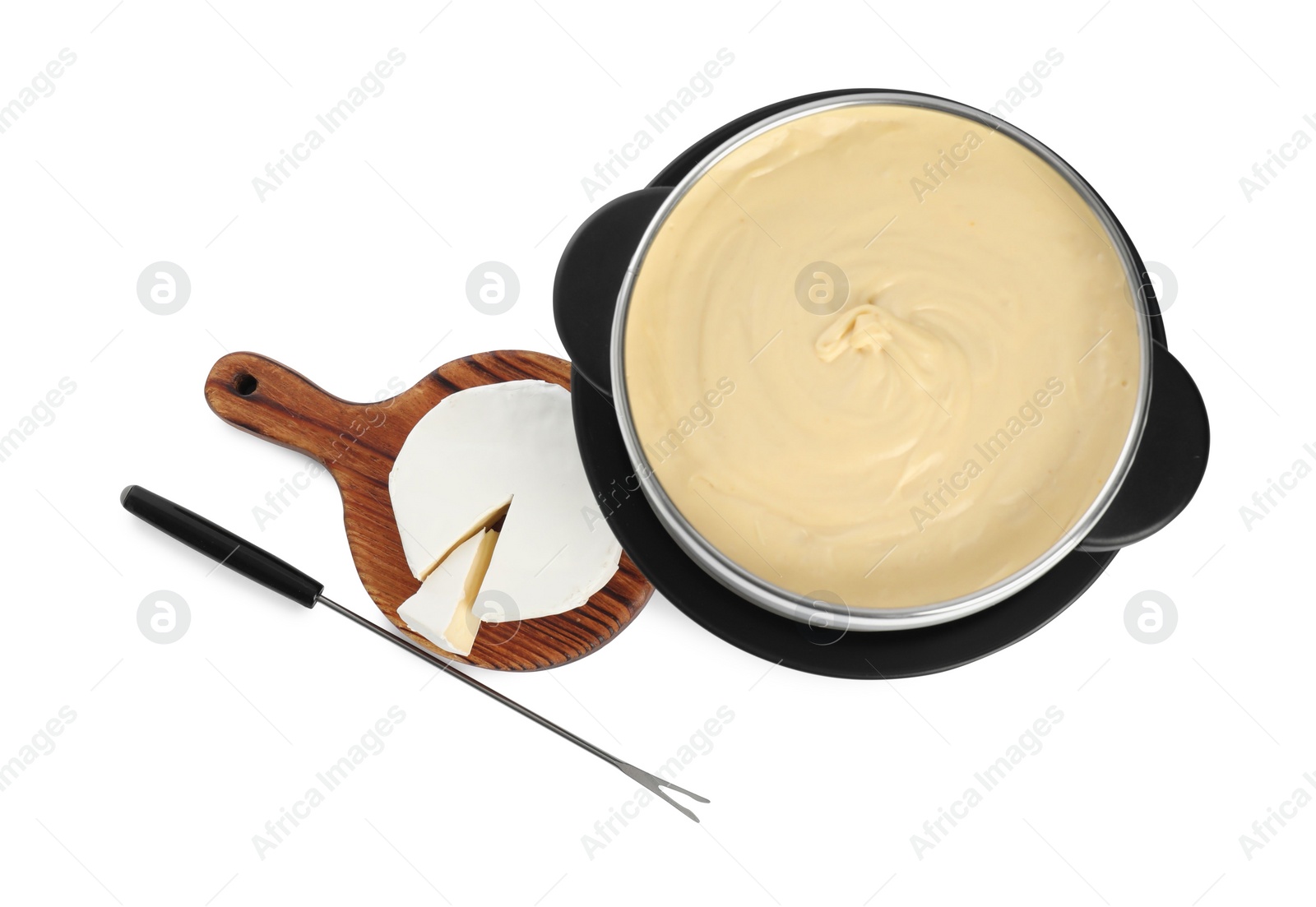 Photo of Fondue with tasty melted cheese, camembert and fork isolated on white, top view