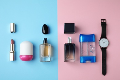 Photo of Flat lay composition with natural deodorants on color background