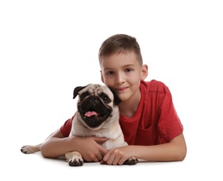 Boy with his cute pug on white background