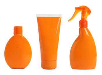 Image of Set with sun protection cosmetic products on white background