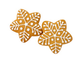 Tasty star shaped Christmas cookies with icing isolated on white, top view