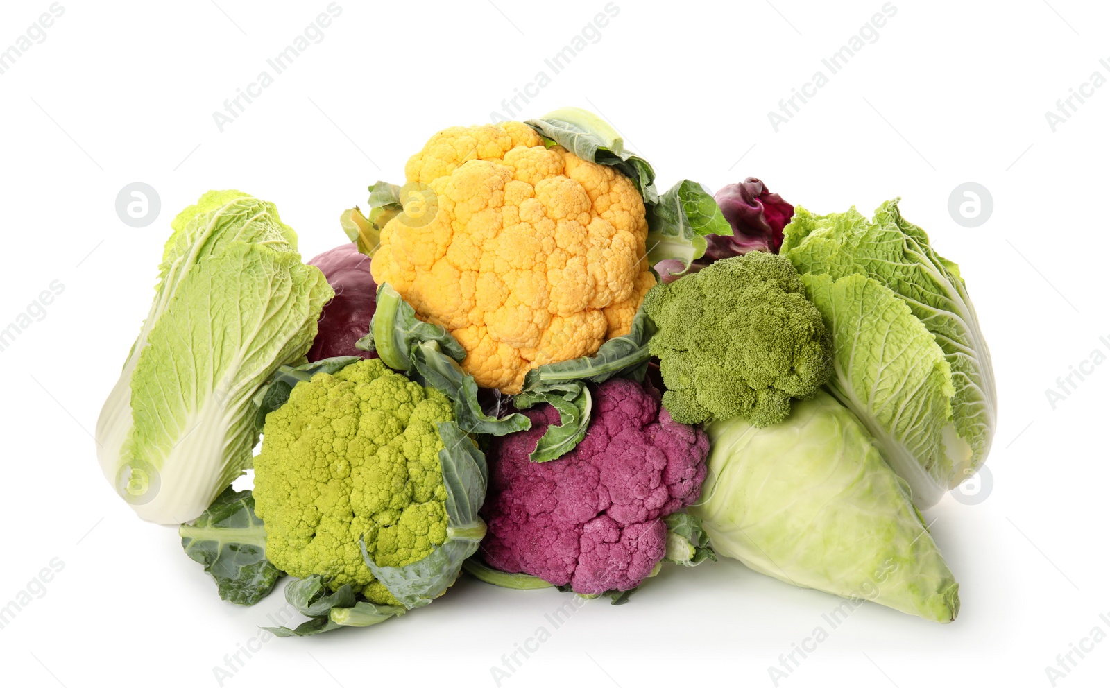 Photo of Different cabbages on white background. Healthy food