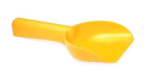 Photo of Yellow plastic toy shovel isolated on white