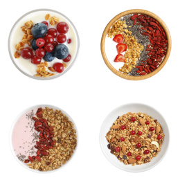 Image of Set of different granola breakfasts with berries on white background, top view