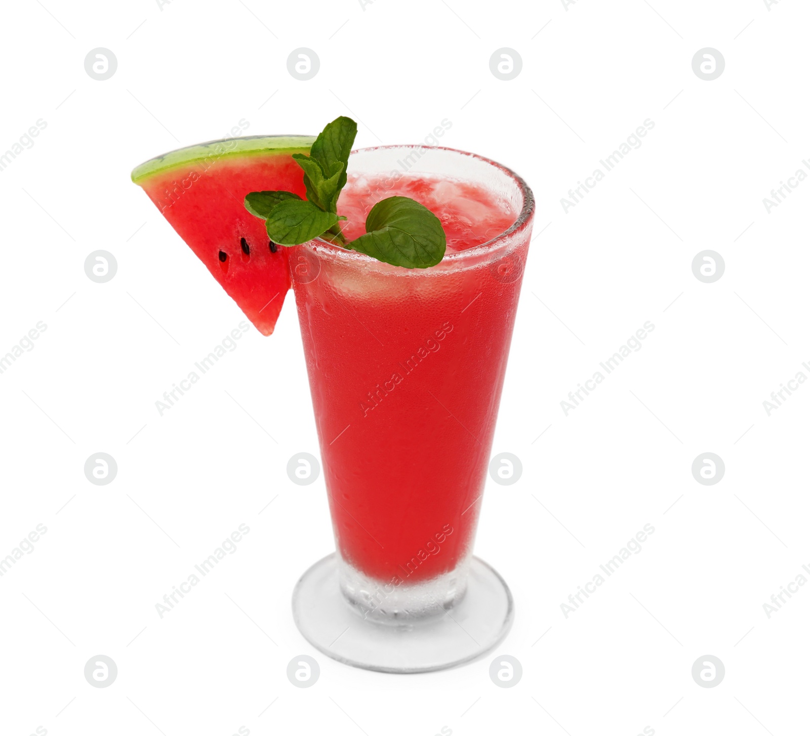Photo of Glass of delicious drink with mint and cut fresh watermelon isolated on white