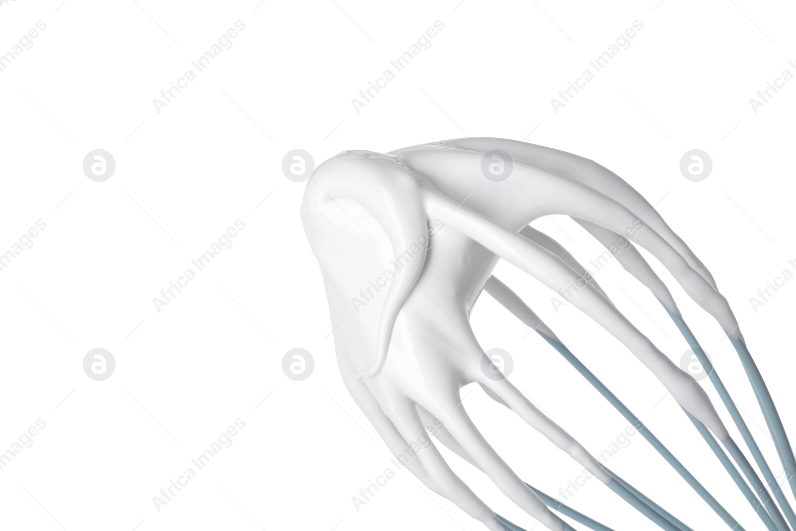 Photo of Whisk with whipped cream isolated on white