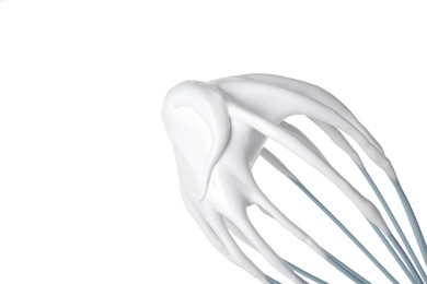 Photo of Whisk with whipped cream isolated on white