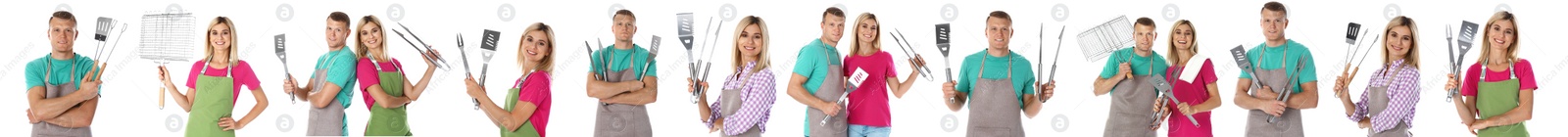 Image of Collage with photos of man and woman holding barbecue utensils on white background. Banner design