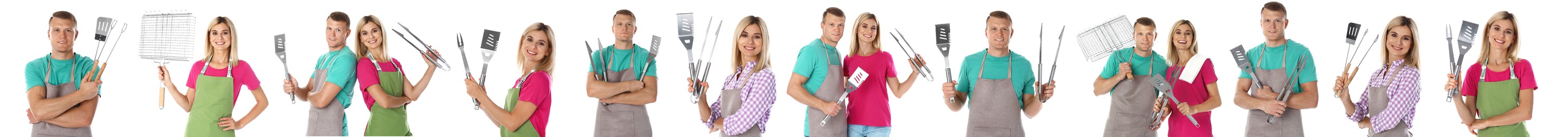 Image of Collage with photos of man and woman holding barbecue utensils on white background. Banner design