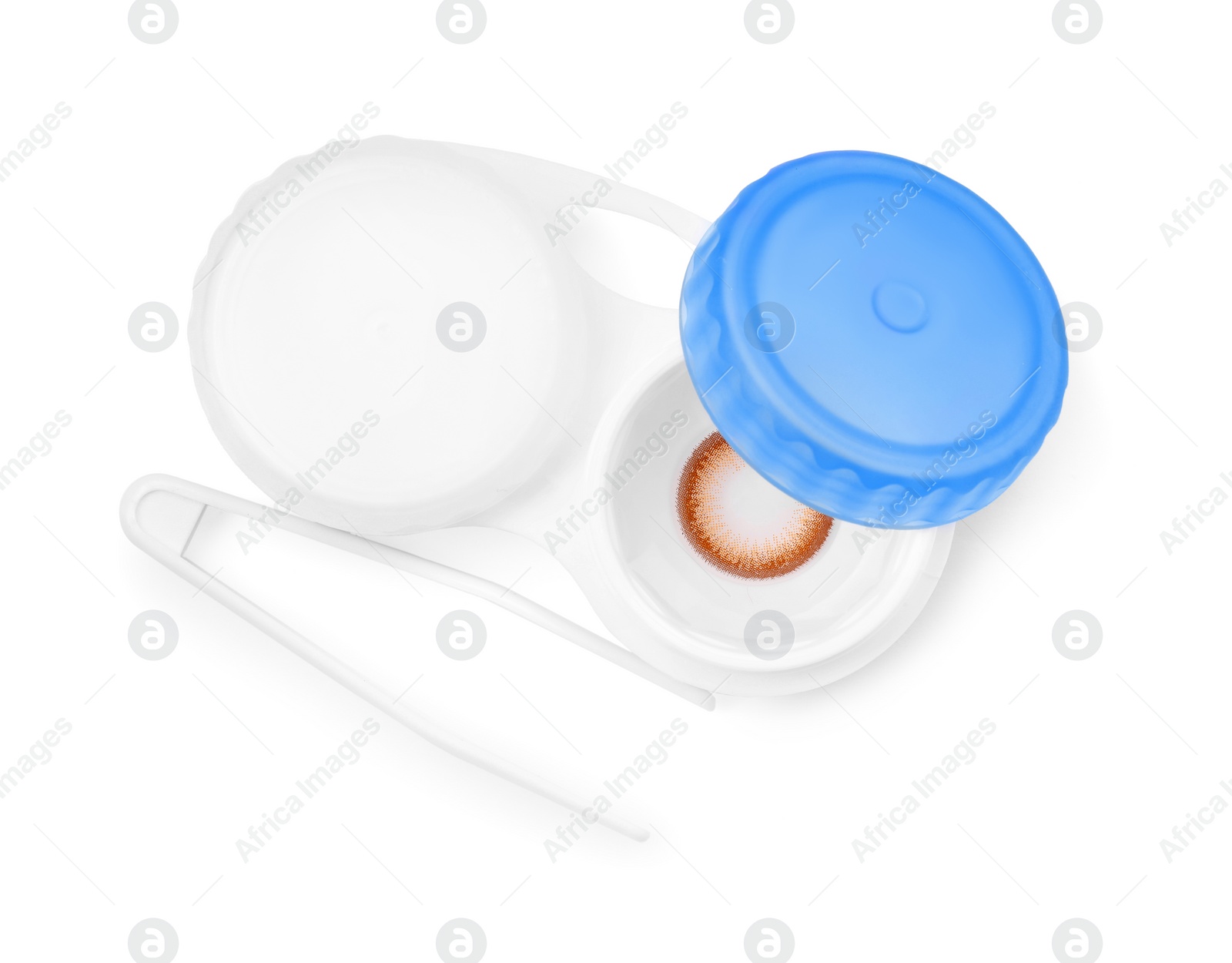 Photo of Case with color contact lenses and tweezers isolated on white, top view