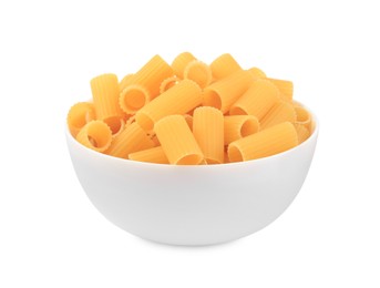 Photo of Raw rigatoni pasta in bowl isolated on white