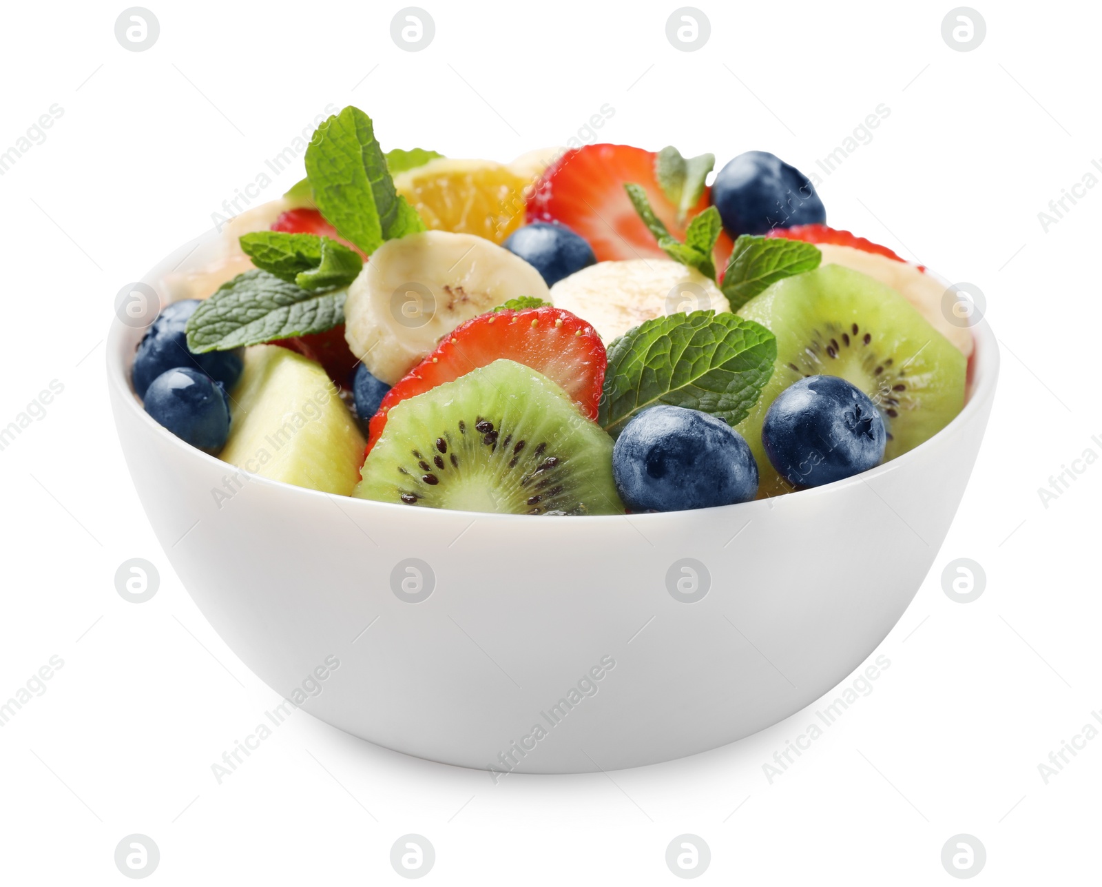 Photo of Tasty fruit salad in bowl isolated on white