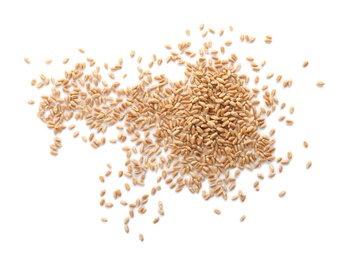 Photo of Raw wheat on white background. Healthy grains and cereals