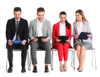 Group of people waiting for job interview on white background