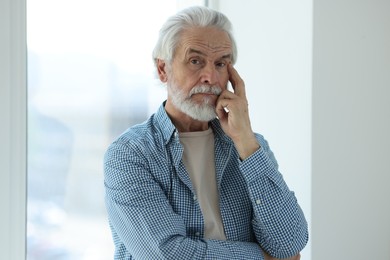 Portrait of happy grandpa with grey hair near window indoors